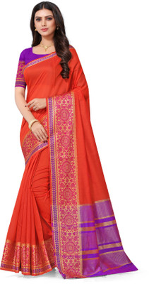 Leeza Store Woven Kanjivaram Cotton Silk Saree(Red)