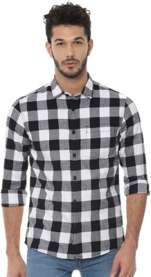 REHAN Men Checkered Casual White, Black Shirt