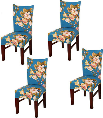 HOUSE OF QUIRK Polyester Floral 1 Seater Chair Cover(Blue Flower Pack of 4)