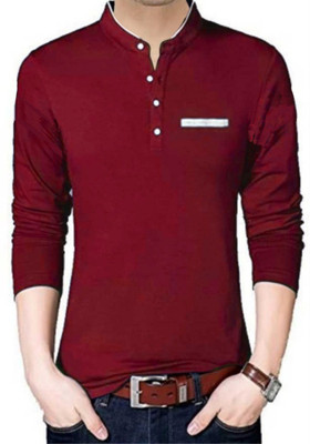 fastcolors-solid-men-mandarin-collar-white-maroon-t-shirt
