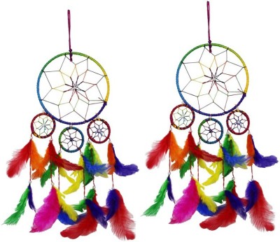 Ryme Car And Bedroom Hanging 4 Rings Multi Color Dream Catcher Size 50 cm X 15 cm (Pack Of 2) Feather Dream Catcher(18 inch, Multicolor)