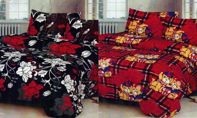 VHD 120 TC Polycotton Double Floral Flat Bedsheet(Pack of 2, Red, White, Black)