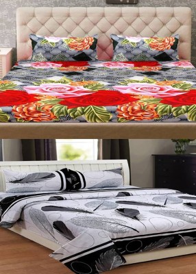 VHD 120 TC Polycotton Double Printed Flat Bedsheet(Pack of 2, Red, Grey)