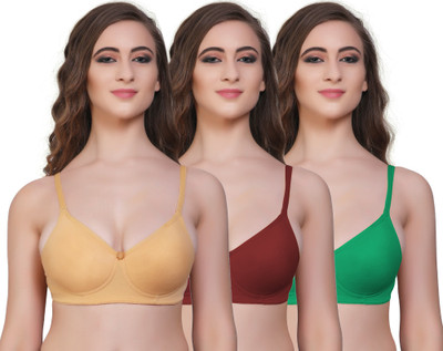New Care Women's Cotton Mix Hosiery Full Coverage Non-Padded Bra - Pack of 3 Women T-Shirt Non Padded Bra(Green, Maroon, Beige)
