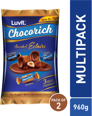 LuvIt Chocorich Assorted Eclairs - Hazelnut, Dark Choco & Classic, 60 pieces, 480g - Pack of 2 Bars(2 x 475 g)