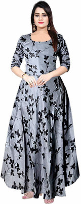 Kuber taxtile Women Gown Grey Maxi/Full Length Dress