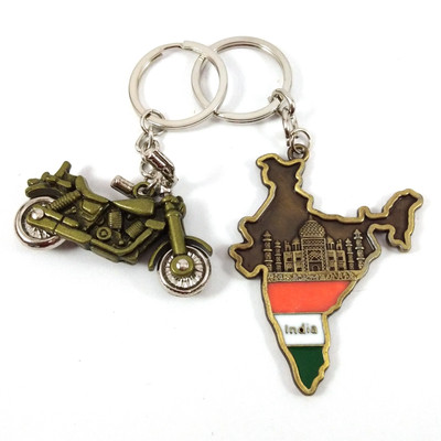 Isk India Map Metal Double Sided with Taj Mahal Image Inside with Royal Bike Metal Color Keychain Key Chain