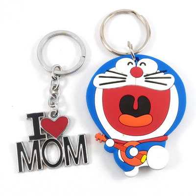 Isk I Love Mom Heavy metal black color And cute Doremon Blue color from both sides same doremon keychain soft Rubber best Ideal for gifting Key Chain