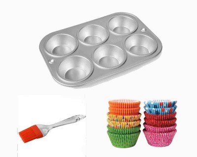 Bakers Pardise Aluminium Muffin Tray 6 Cavity, Pastry Brush , & Muffin Mini paper Cake Cup 100pcs 10cm Kitchen Tool Set(Multicolor, Baking Tools, Brush)