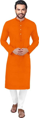 PARALLEL TIMES Men Solid Straight Kurta(Orange)