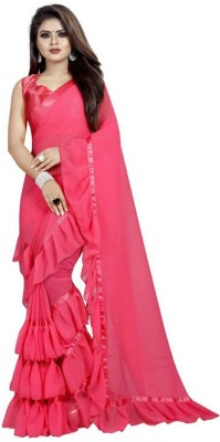 24x7 & Co. Dyed, Embellished, Applique, Woven, Embroidered, Solid/Plain, Striped Daily Wear Georgette, Chiffon Saree(Pink)