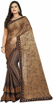 KEVIJA Printed Bollywood Lycra Blend Saree(Brown)
