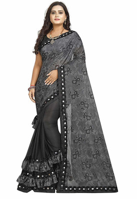 supalee tex Self Design Fashion Lycra Blend Saree(Black, Grey)