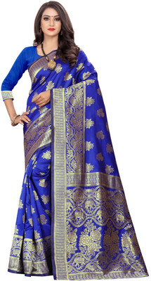 Shoppershopee Printed Banarasi Silk Blend Saree(Blue)