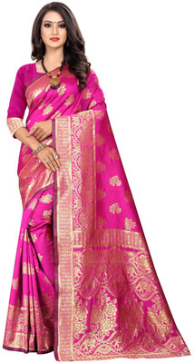 Shoppershopee Printed Banarasi Silk Blend Saree(Pink)
