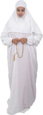 barakath Cotton Blend Solid Abaya With Hijab(White)