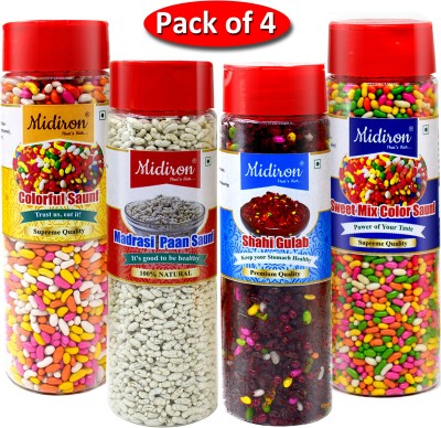 Midiron Mukhwas Pack 4, Color Saunf, Madrasi Paan, Shahi Gulab, Sweet Mix Colorful Saunf , Mouth Freshener ( 150 gm each) Mint, Gulab Mouth Freshener(4 x 150 g)