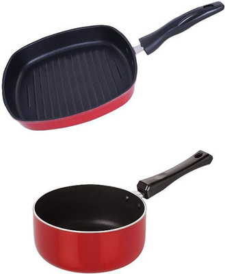 NIRLON Rust Free Non-Stick Coated Sauce Pan and Grill Pan Combo Kitchen Item Set Cookware Set(Aluminium, 2 - Piece)