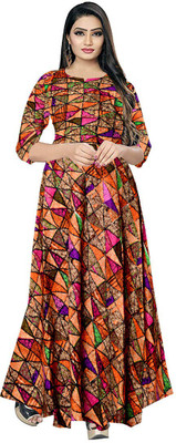 Gorangani Women Fit and Flare Brown Maxi/Full Length Dress