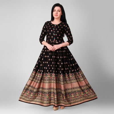 Purshottam Wala Women Printed Anarkali Kurta(Black)