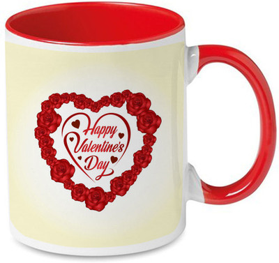 COLOR YARD best happy valentines day with with light background roses heart on red inside handle on Ceramic Coffee Mug(320 ml)