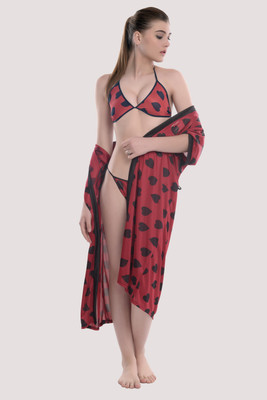 YUALIN CREATION Women Robe and Lingerie Set(Maroon)