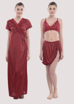 YUALIN CREATION Women Nighty with Robe(Maroon)