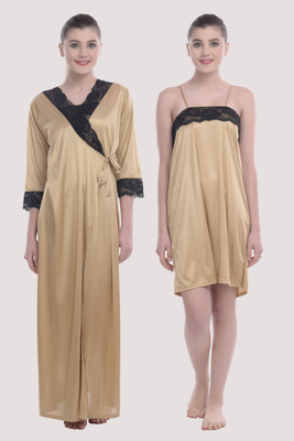 YUALIN CREATION Women Nighty with Robe(Beige)