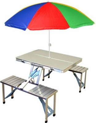 Oxfo Aluminium Portable Folding Camp Suitcase Table 4 Seater Attached Lawn Dining Bench and Chair Set for Garden, Indoor, Outdoor...