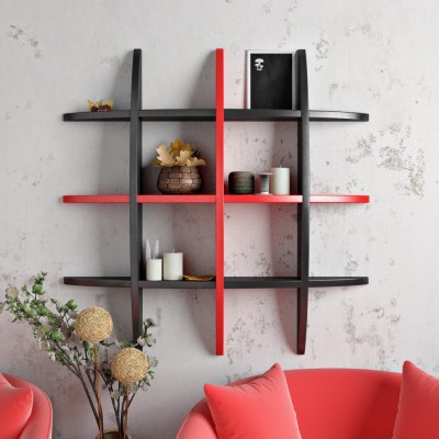 Eco Handicrafts Home Decor Globe Shape Floating Wall Shelves Rack Wooden Wall Shelf (Number of Shelves - 12, RED & BLACK ) Wooden Wall Shelf(Number of Shelves - 12, Red, Black)