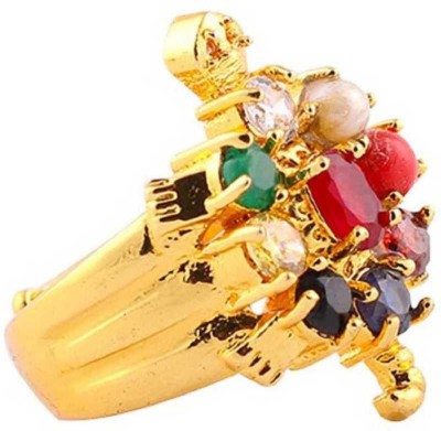 zycon Meru Tortoise Navaratna Finger Ring Tungsten Pearl, Ruby, Coral, Emerald, Sapphire, Diamond, Cat's Eye Gold Plated Ring Set Nickel Gold Plated Ring