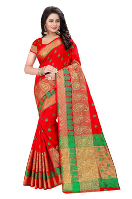 Cartyshop Woven Kanjivaram Cotton Blend, Art Silk Saree(Red)