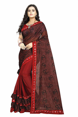 supalee tex Self Design Fashion Lycra Blend Saree(Brown, Maroon)
