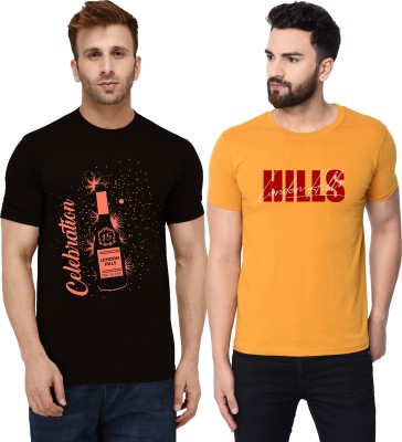 London Hills Printed Men Round Neck Black, Yellow T-Shirt