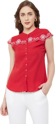GO.4.IT Casual Cap Sleeve Embroidered Women Red Top