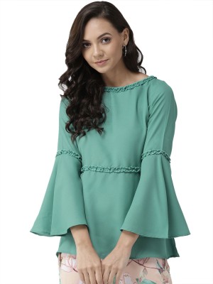 Style Quotient Casual Bell Sleeve Solid Women Green Top