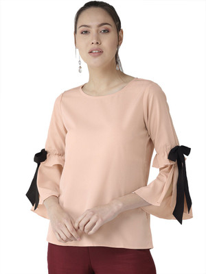 Style Quotient Casual 3/4 Sleeve Solid Women Beige Top