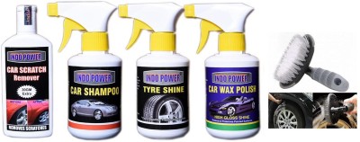 INDOPOWER TYRE SHINER GUN 250ml.+CAR SHAMPOO GUN 250ml.+SCRATCH REMOVER 100gm.+CAR WAX POLISH GUN 250ml.+All Tyre Cleaning Brush Combo