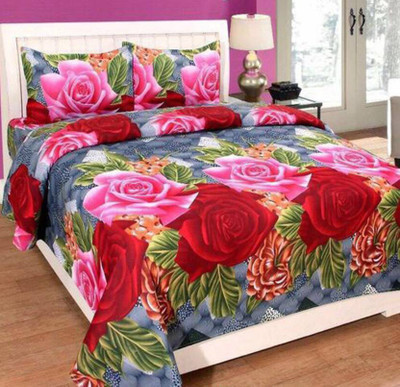 PURVI FABRIC 120 TC Cotton Double Floral Flat Bedsheet(Pack of 1, Red)
