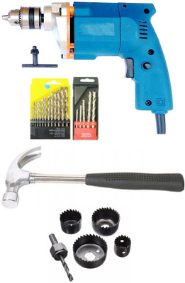 Inditrust •	350W Heavy Duty 10mm Electric drill Machine with 13pc hss 5pc masonry 1pc hand hammer and 6pc hole saw set Power & Hand Tool Kit(5 Tools)