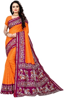 GLAM VILLA Printed Bollywood Silk Blend, Chanderi Saree(Maroon, Orange)