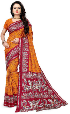 AJS Printed Bollywood Art Silk Saree(Red, Orange)