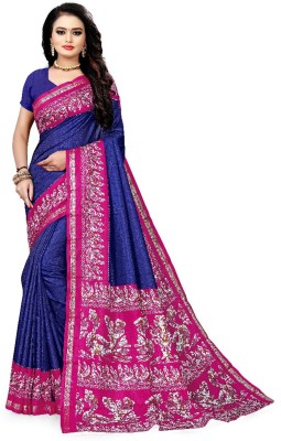 GLAM VILLA Printed Bollywood Silk Blend, Chanderi Saree(Blue, Pink)