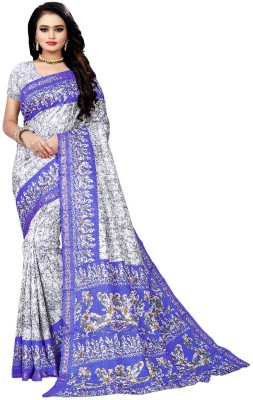 AJS Printed Bollywood Art Silk Saree(White, Blue)