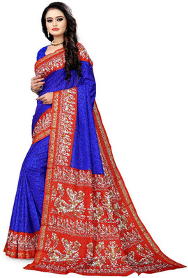 AJS Printed Bollywood Art Silk Saree(Red, Blue)