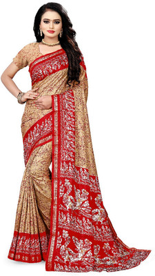 AJS Printed Bollywood Art Silk Saree(Red, Cream)