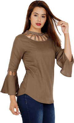 Fab Star Casual Bell Sleeve Laser Cut Women Brown Top