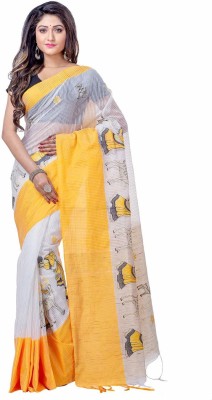 Desh Bidesh Printed, Striped Bollywood Pure Cotton Saree(White, Yellow)