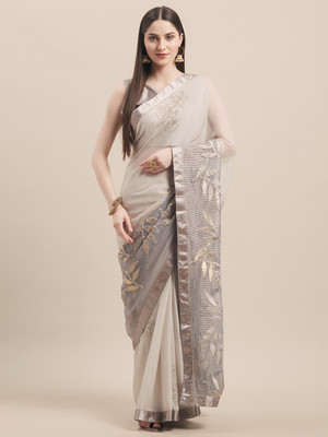 kvsfab Embellished Bollywood Silk Blend Saree(Silver, Grey)