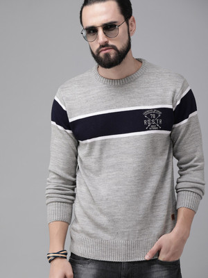 Roadster Woven Round Neck Casual Men Grey Sweater